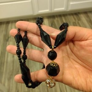 Vintage Black Bead Dangle Necklace